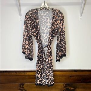 Sexy Sheer Mesh Leopard‎ Print Lace Trim Robe- M